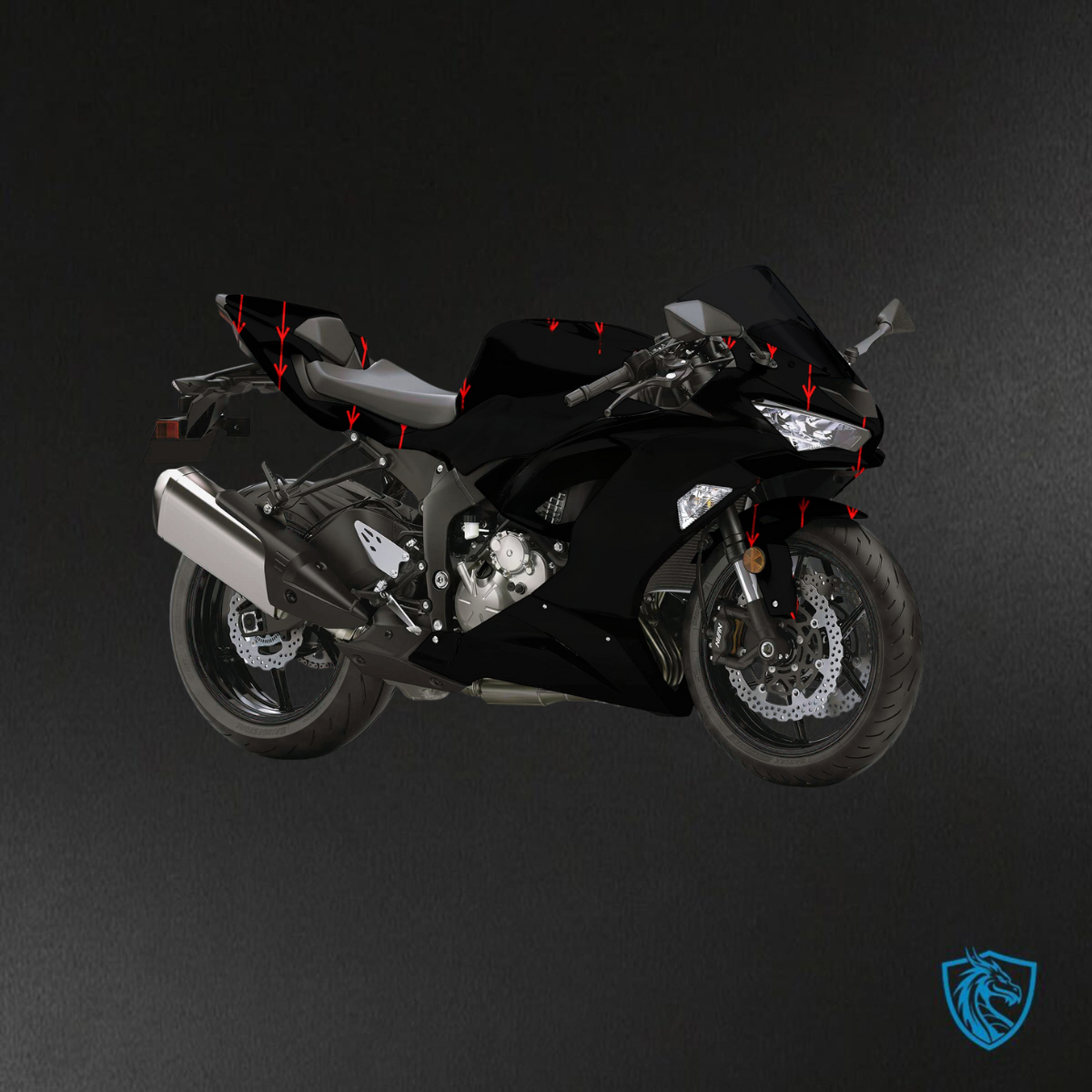 Kawasaki ZX6R (2019-2023) Gloss Black & Red Pattern ABS Bodywork - Fairings Kit