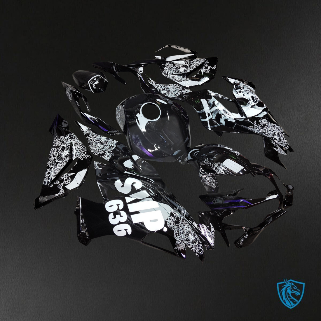 Kawasaki ZX6R (2019-2023) Gloss Black & White Skull Fairings Kit - Aftermarket ABS Bodywork
