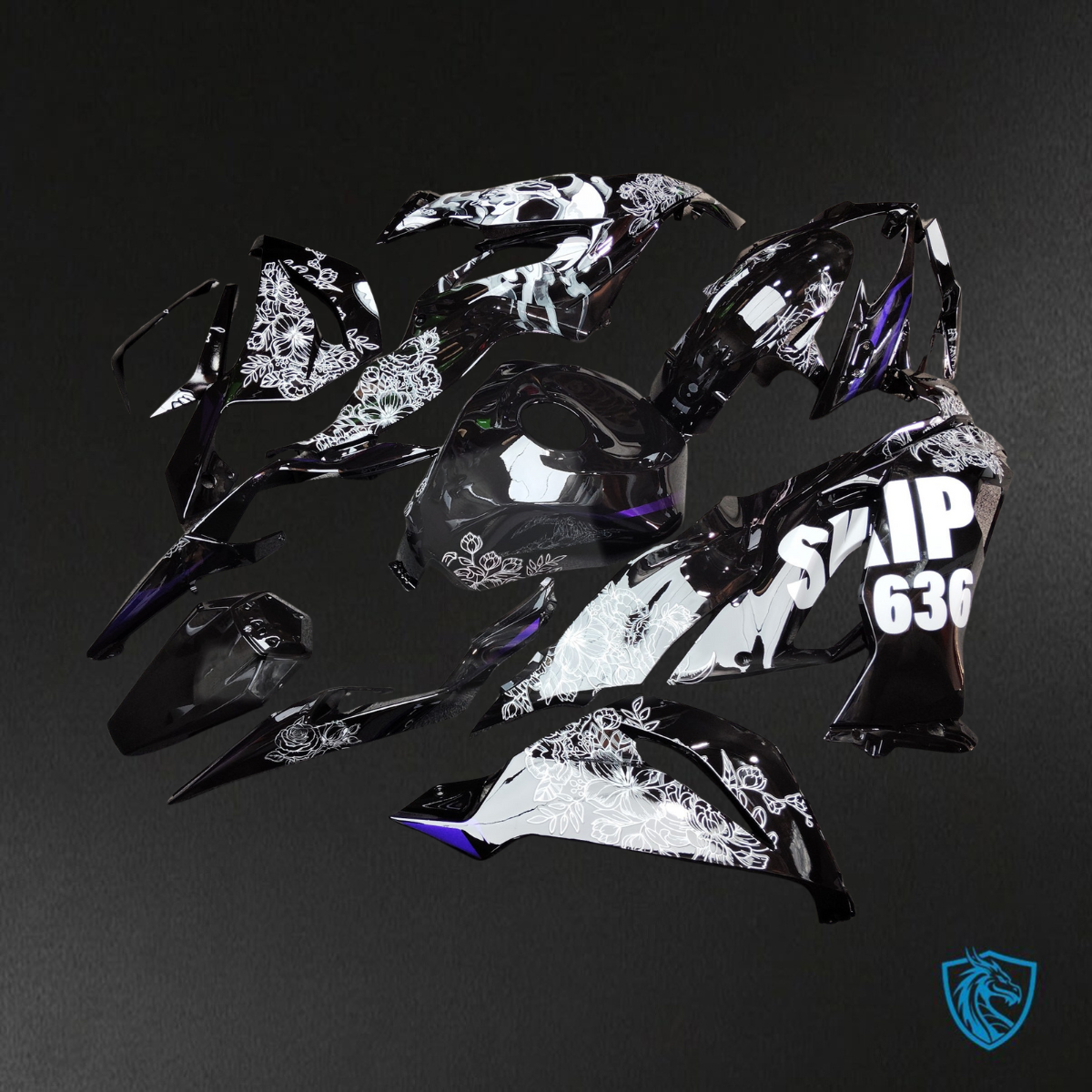 Kawasaki ZX6R (2019-2023) Gloss Black & White Skull Fairings Kit - Aftermarket ABS Bodywork