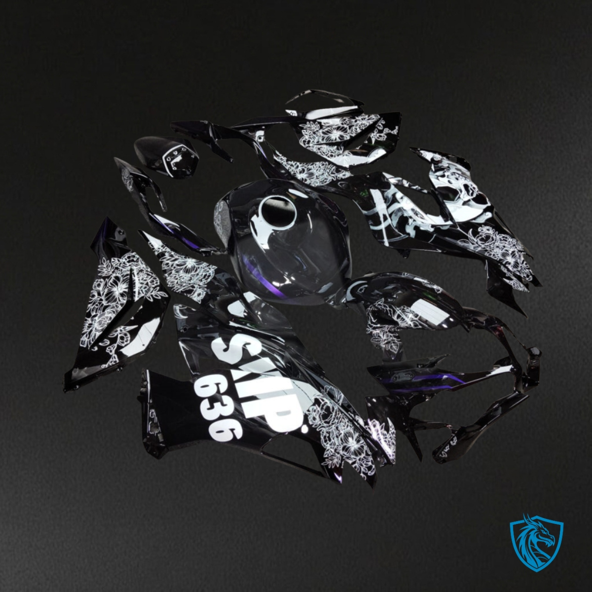 Kawasaki ZX6R (2019-2023) Gloss Black & White Flowers - Custom ABS Fairing Kit