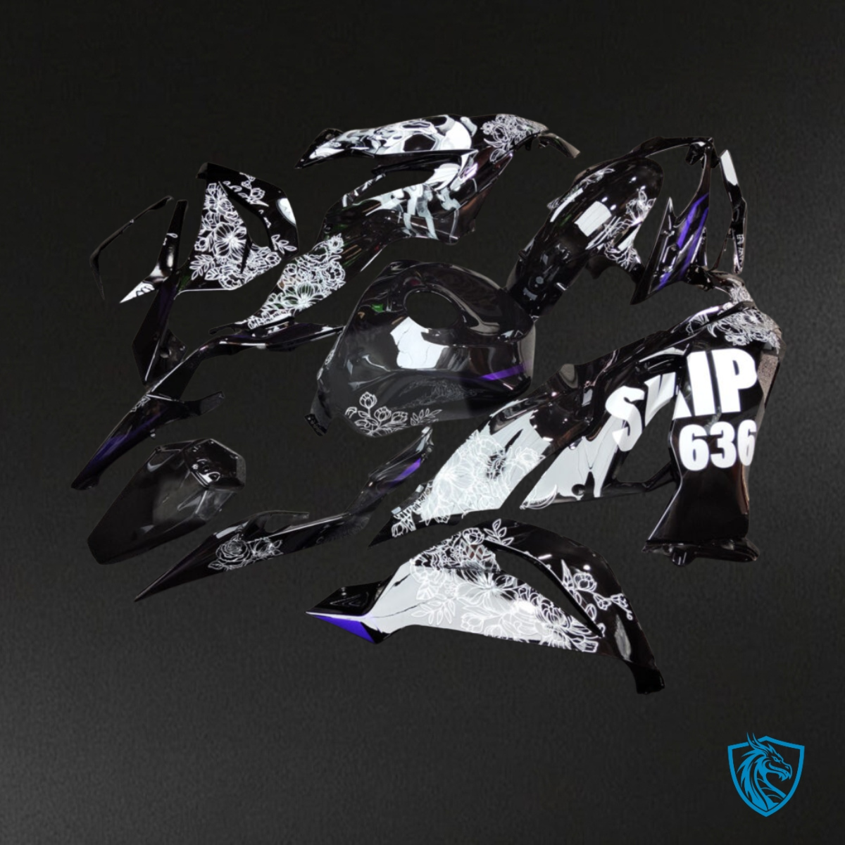 Kawasaki ZX6R (2019-2023) Gloss Black & White Flowers - Custom ABS Fairing Kit