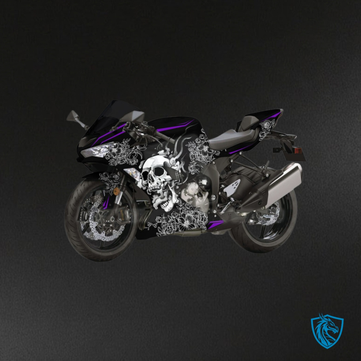 Kawasaki ZX6R (2019-2023) Gloss Black & White Flowers - Custom ABS Fairing Kit