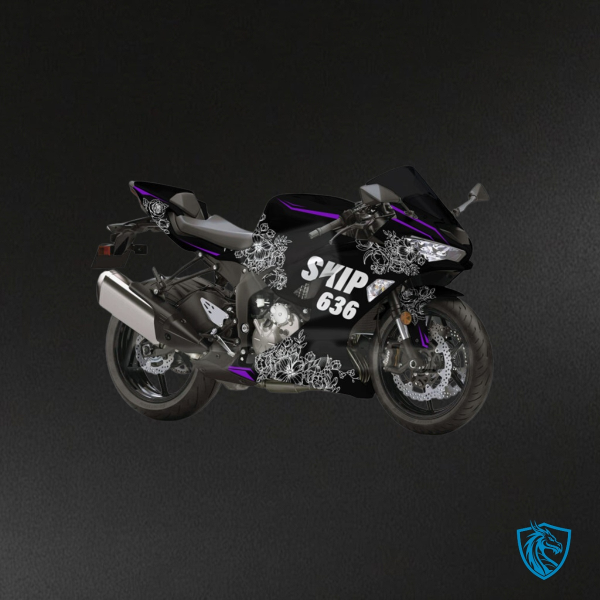 Kawasaki ZX6R (2019-2023) Gloss Black & White Flowers - Custom ABS Fairing Kit