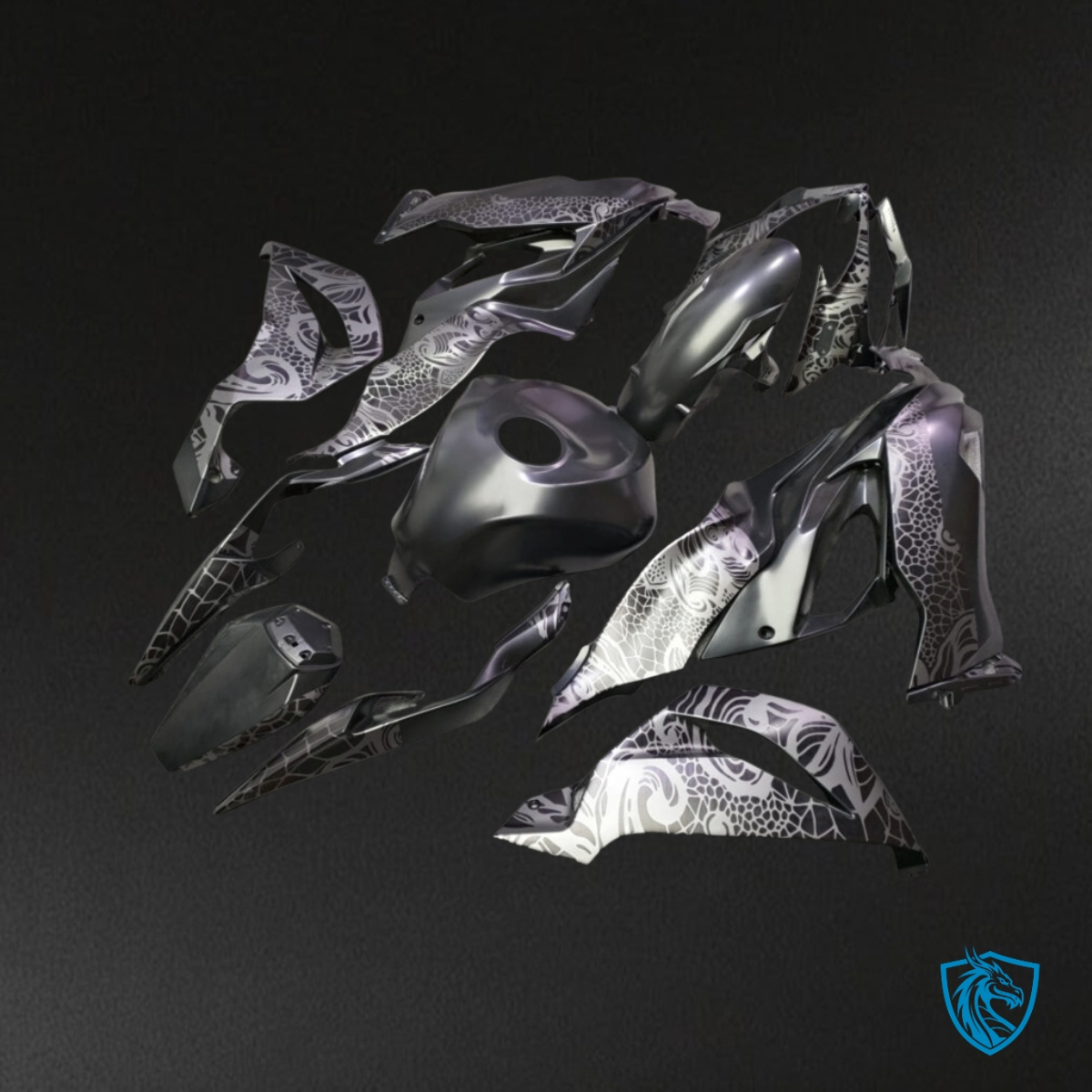 Kawasaki ZX6R (2019-2023) Gloss Black & Gray Tribal Fairing Kit | ABS Bodywork