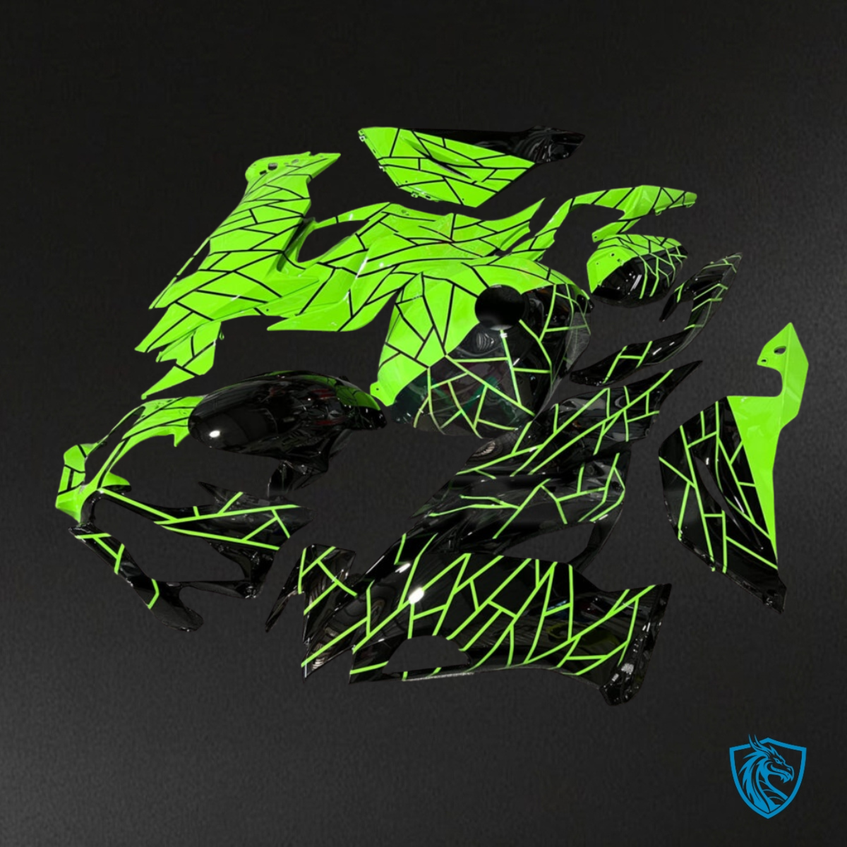 Kawasaki ZX6R (2019-2023) Gloss Black & High Vis Green Split Fairing Kit | ABS Bodywork
