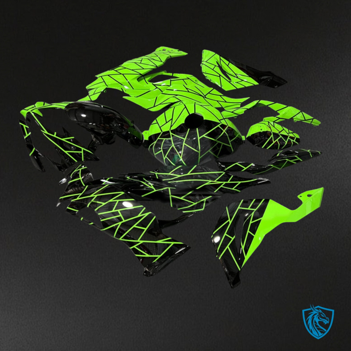 Kawasaki ZX6R (2019-2023) Gloss Black & High Vis Green Split Fairing Kit | ABS Bodywork
