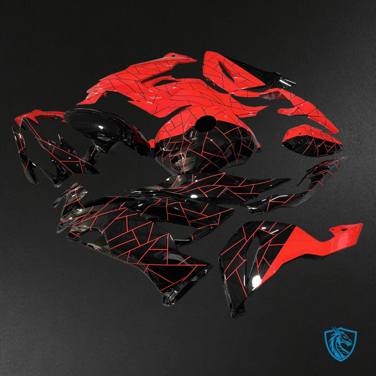 Kawasaki ZX6R (2019-2023) Gloss Black & High Vis Red Split Fairings Kit - Aftermarket ABS Bodywork