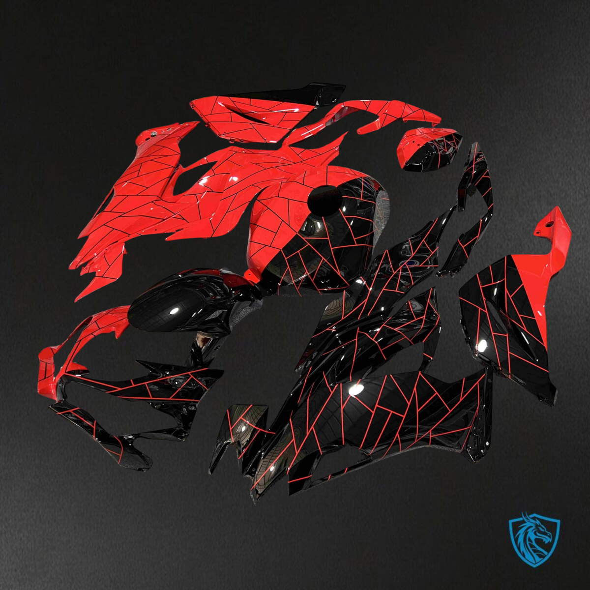Kawasaki ZX6R (2019-2023) Gloss Black & High Vis Red Split Fairings Kit - Aftermarket ABS Bodywork