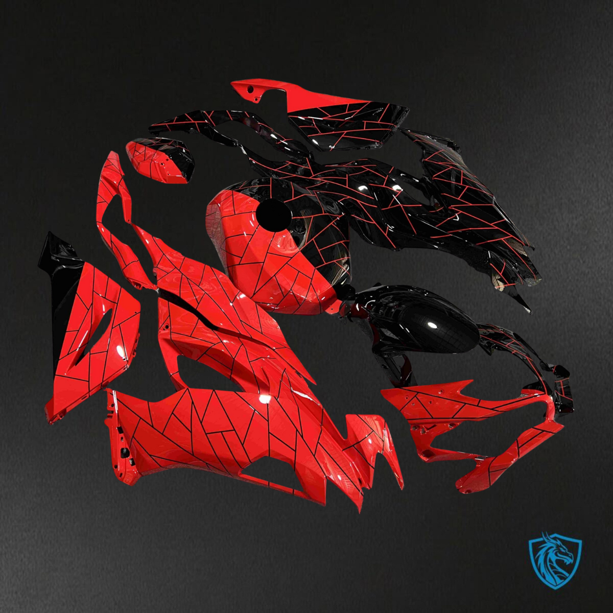 Kawasaki ZX6R (2019-2023) Gloss Black & High Vis Red Split Fairings Kit - Aftermarket ABS Bodywork