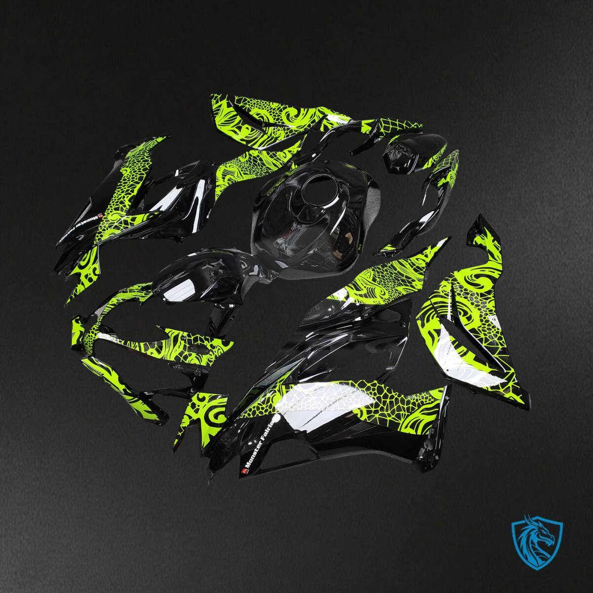 Kawasaki ZX6R (2019-2023) Gloss Black & High Vis Yellow Tribal - Custom ABS Fairing Kit