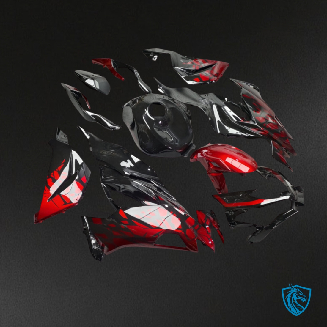 Kawasaki ZX6R (2019-2023) Gloss Black & Red Shattered - Custom ABS Fairing Kit