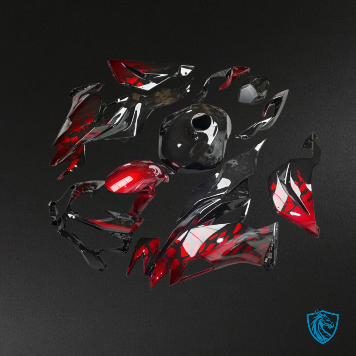Kawasaki ZX6R (2019-2023) Gloss Black & Red Shattered - Custom ABS Fairing Kit