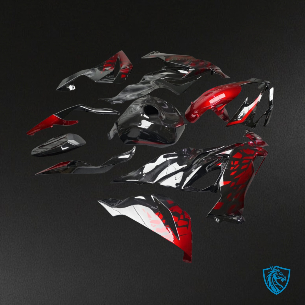Kawasaki ZX6R (2019-2023) Gloss Black & Red Shattered - Custom ABS Fairing Kit