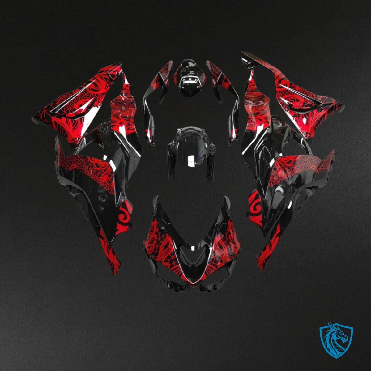 Kawasaki ZX6R (2019-2023) Gloss Black & Red Tribal Fairings Kit - Aftermarket ABS Bodywork