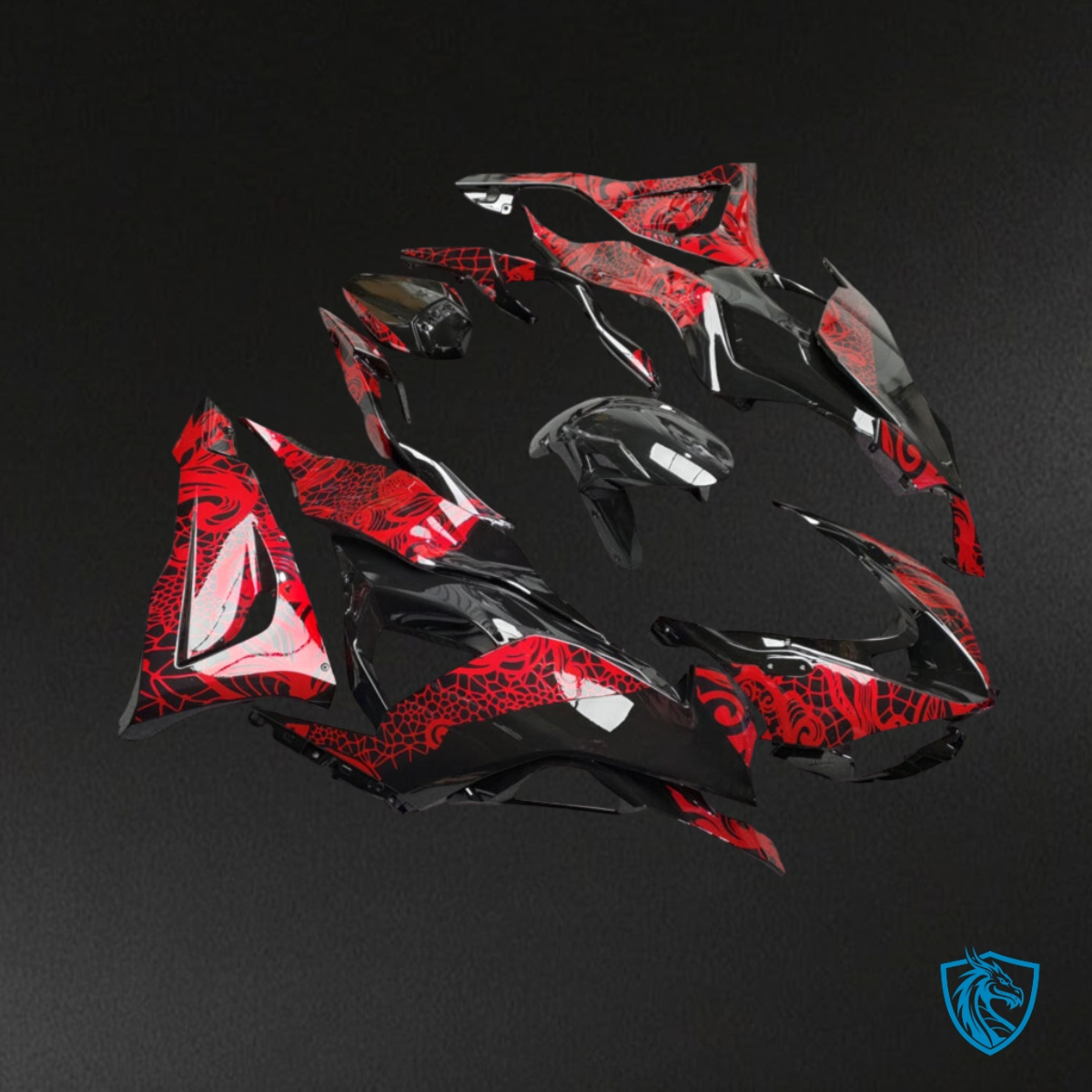Kawasaki ZX6R (2019-2023) Gloss Black & Red Tribal Fairings Kit - Aftermarket ABS Bodywork