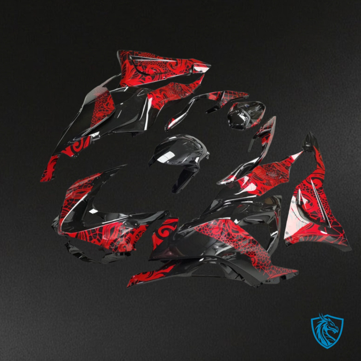Kawasaki ZX6R (2019-2023) Gloss Black & Red Tribal Fairings Kit - Aftermarket ABS Bodywork