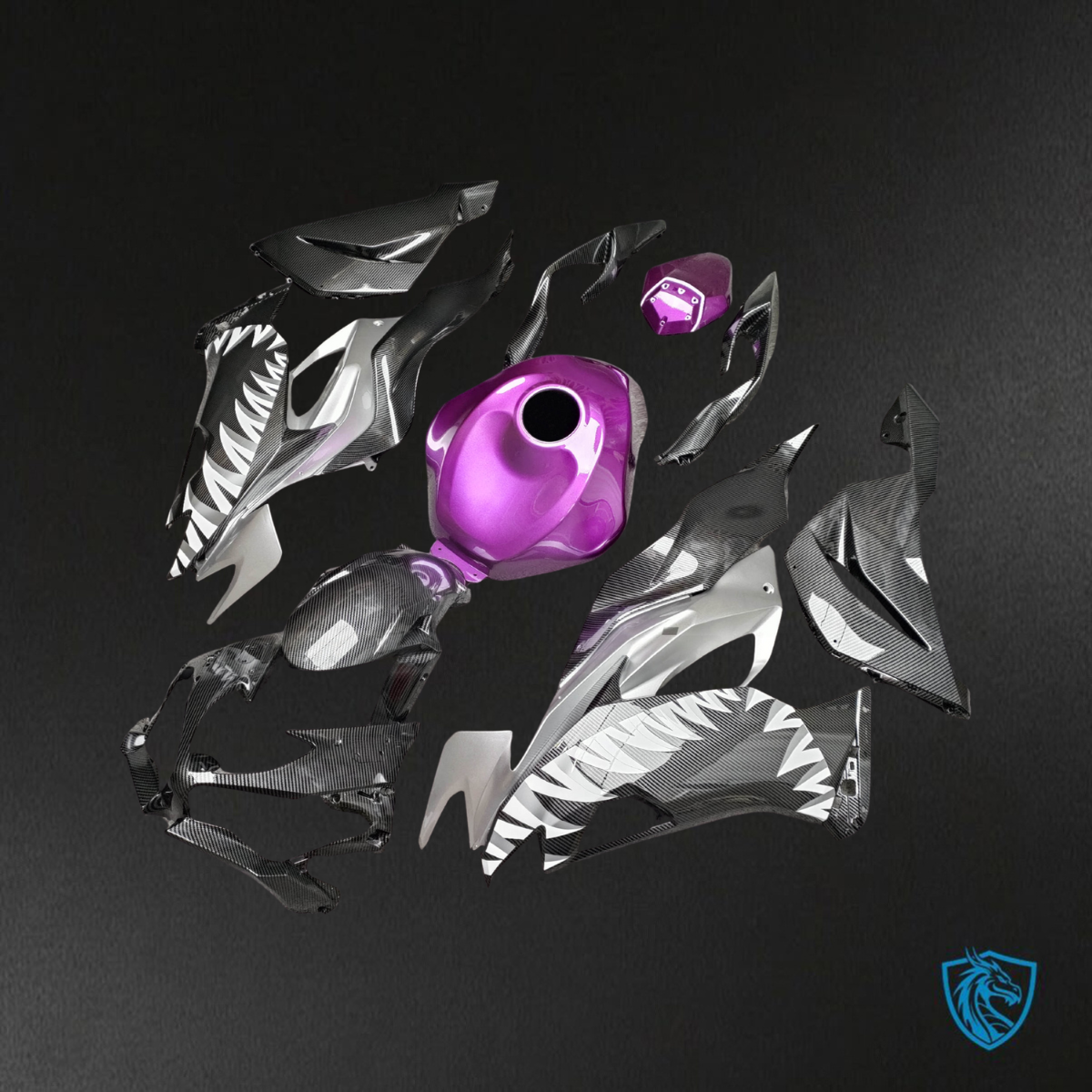 Kawasaki ZX6R (2019-2023) Black & Purple Shark Carbon Fiber - Custom ABS Fairing Kit