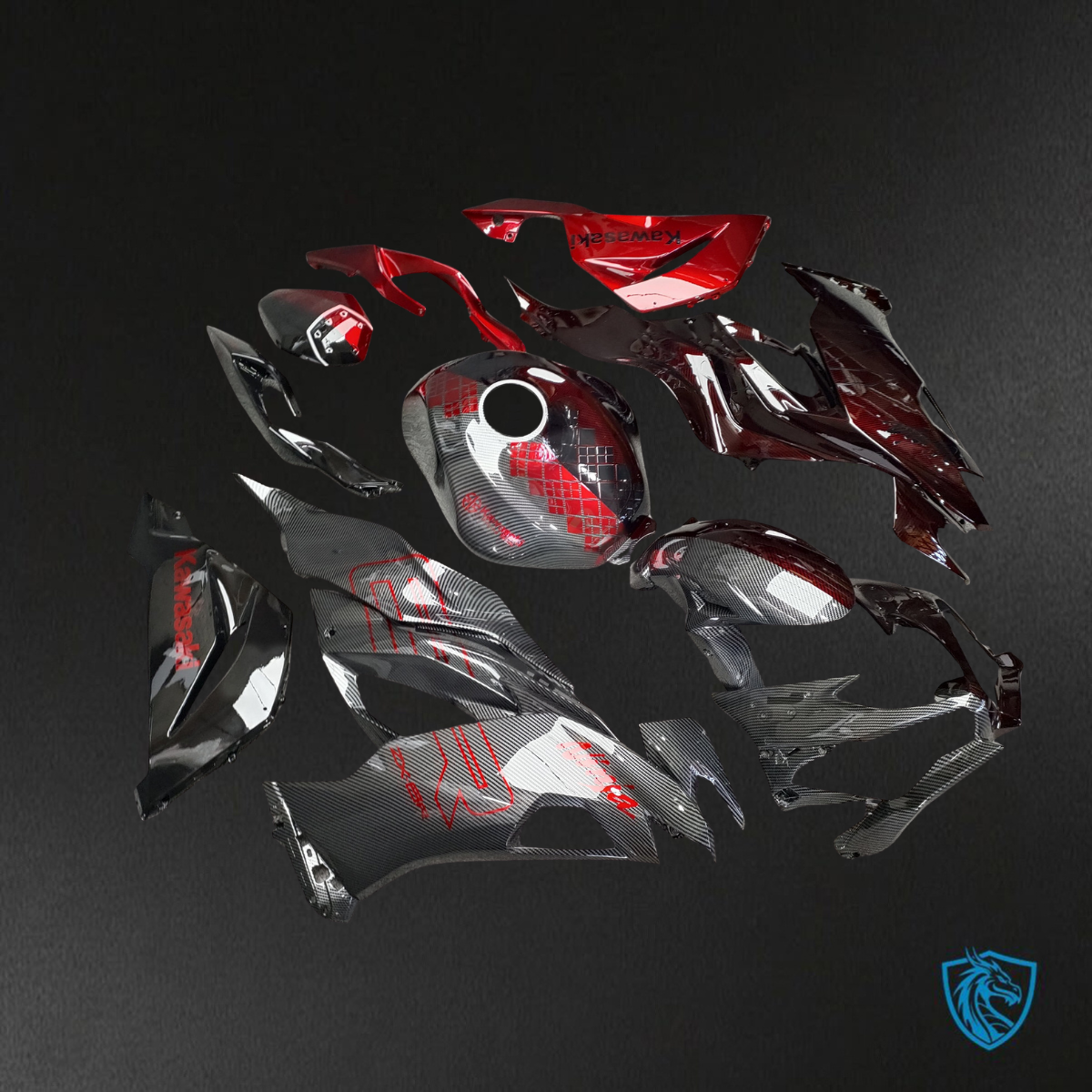 Kawasaki ZX6R (2019-2023) Gloss Black & Red Carbon Fiber ABS Bodywork - Fairings Kit