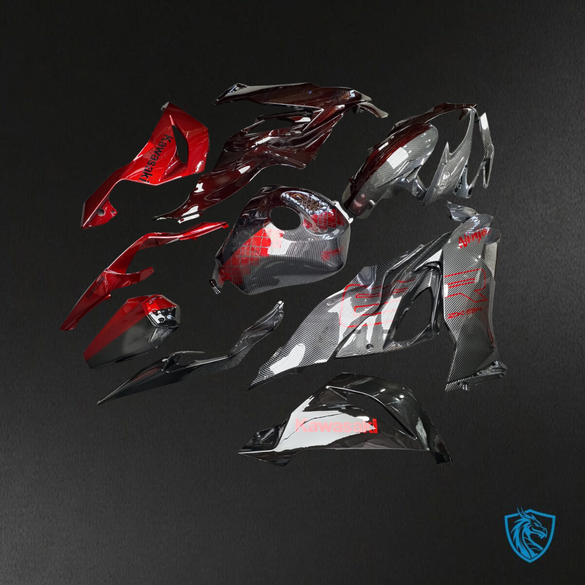 Kawasaki ZX6R (2019-2023) Gloss Black & Red Carbon Fiber ABS Bodywork - Fairings Kit