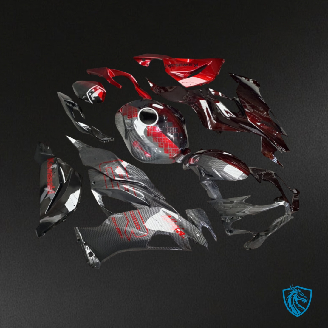 Kawasaki ZX6R (2019-2023) Gloss Black & Red Carbon Fiber Fairing Kit | ABS Bodywork