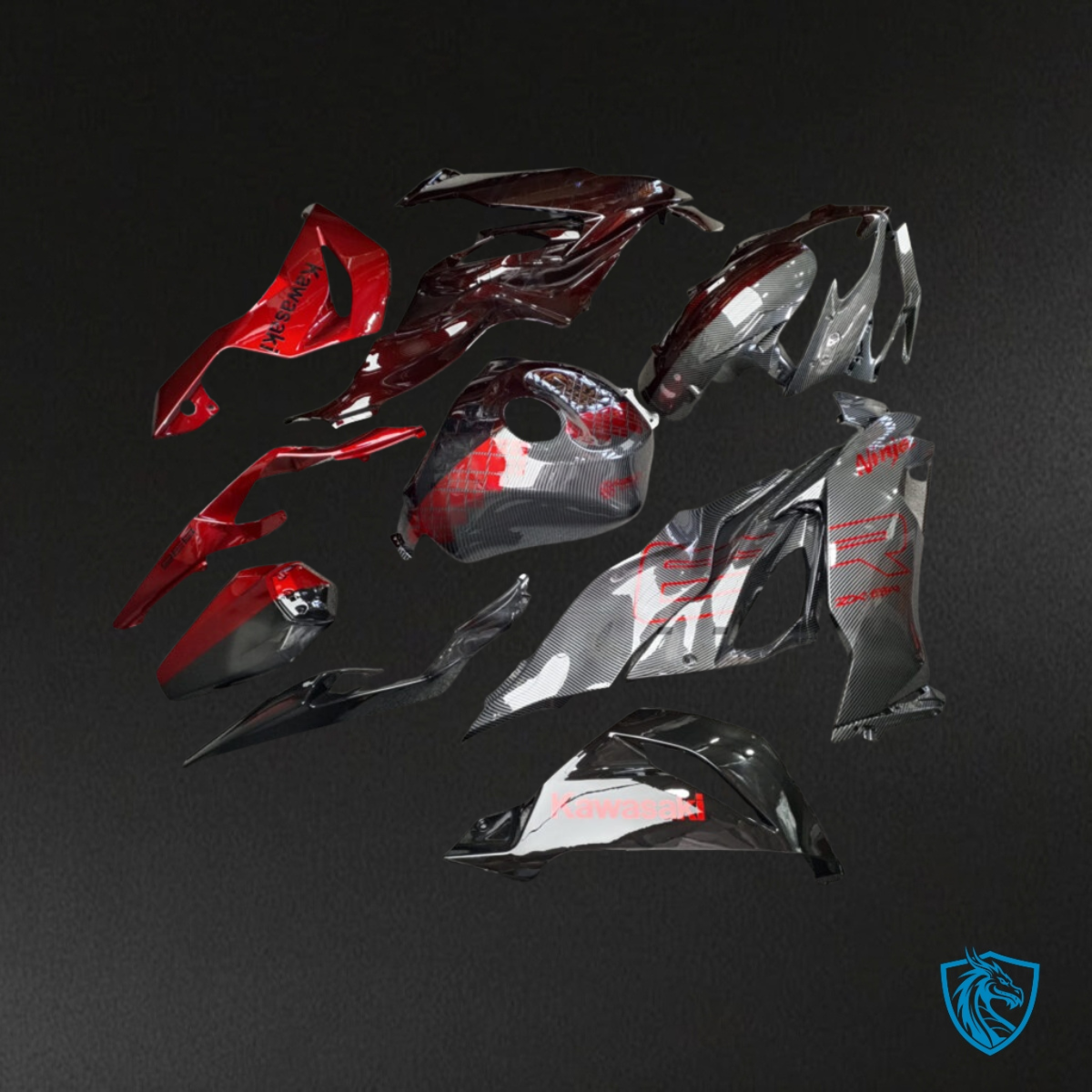 Kawasaki ZX6R (2019-2023) Gloss Black & Red Carbon Fiber Fairing Kit | ABS Bodywork