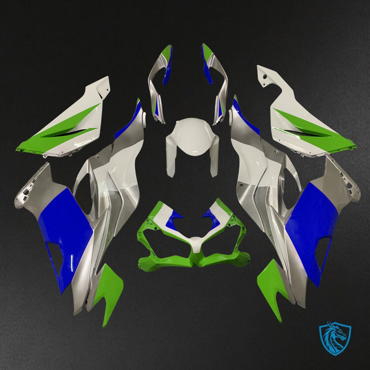 Kawasaki ZX6R (2019-2023) Gloss Green, Blue & Silver - Custom ABS Fairing Kit