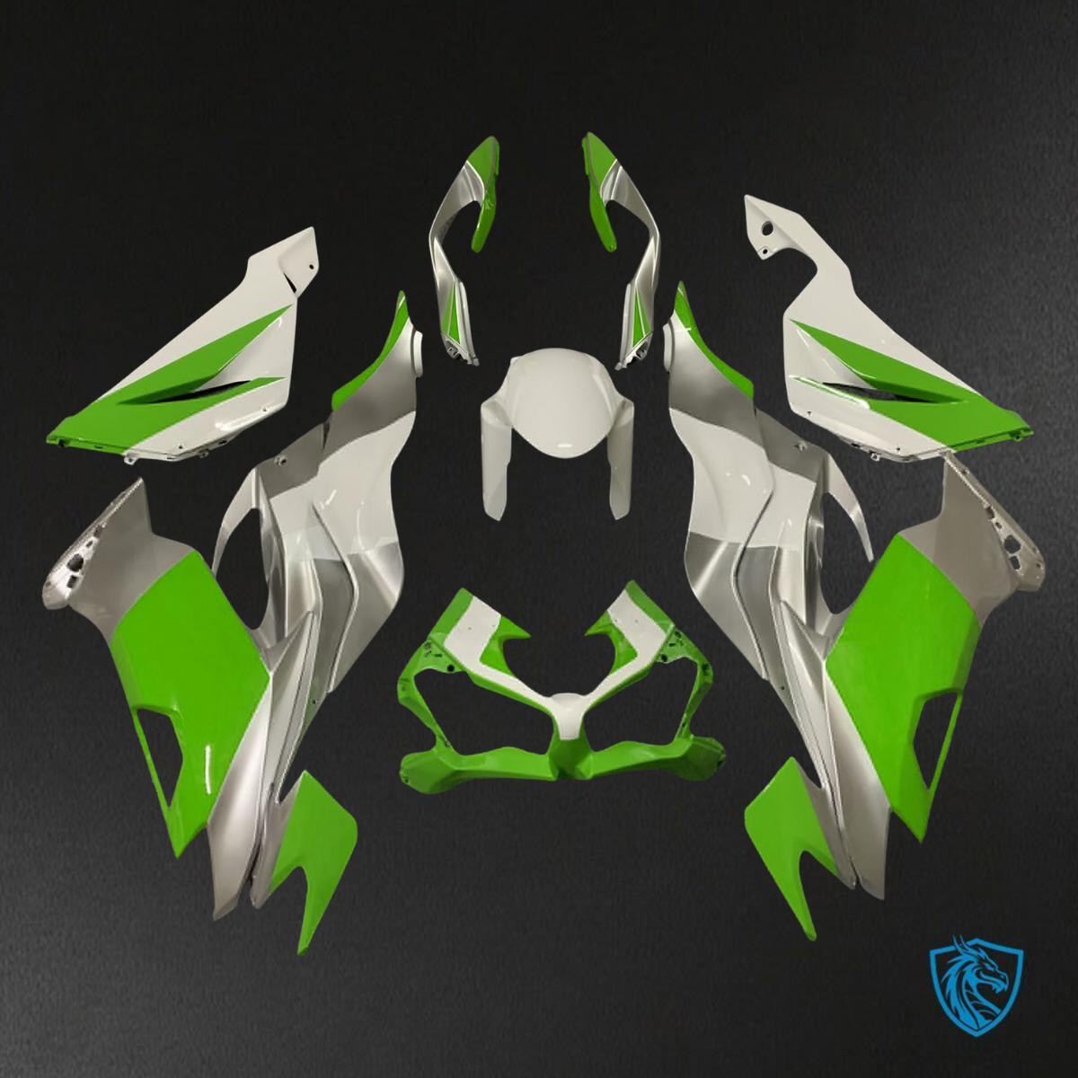 Kawasaki ZX6R (2019-2023) Gloss Silver, Green & White - Custom ABS Fairing Kit
