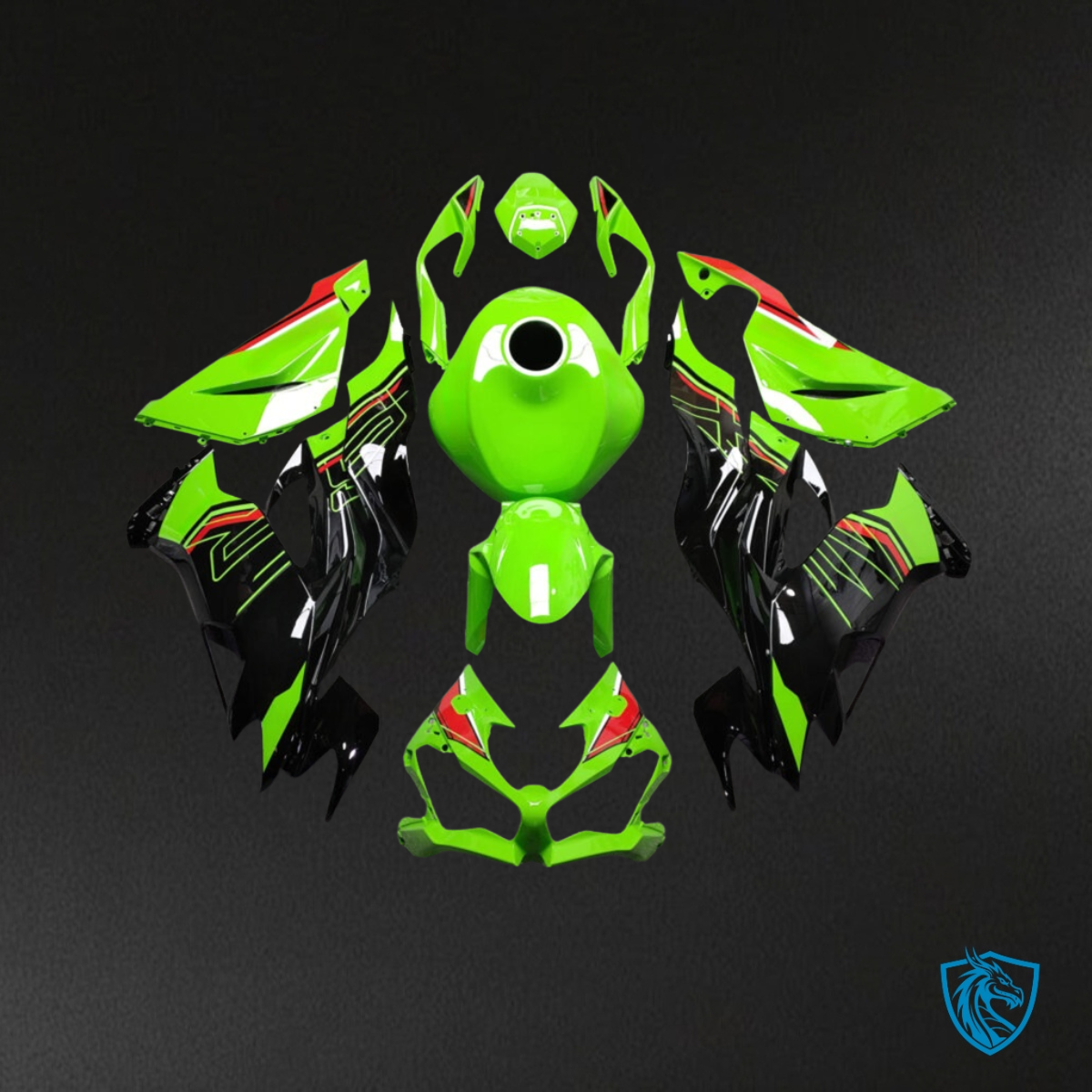 Kawasaki ZX6R (2019-2023) Gloss Green, Black & Red - MERGEment Motorcycle Fairings Kit