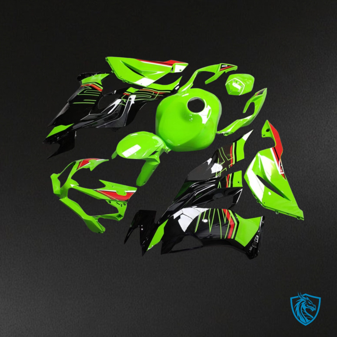 Kawasaki ZX6R (2019-2023) Gloss Green, Black & Red - MERGEment Motorcycle Fairings Kit