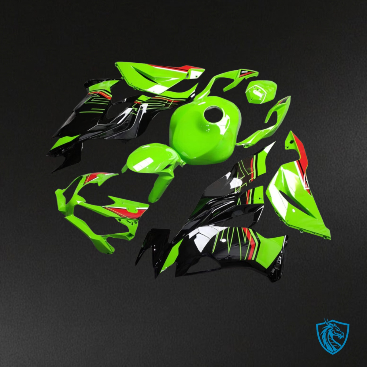 Kawasaki ZX6R (2019-2023) Gloss Green, Black & Red - MERGEment Motorcycle Fairings Kit