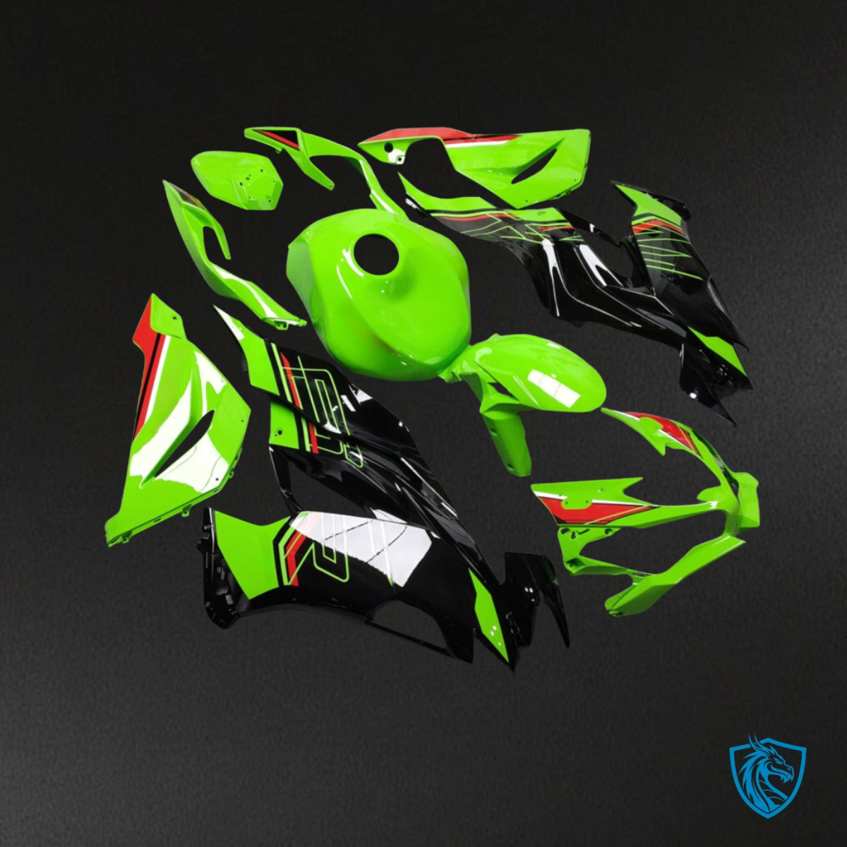 Kawasaki ZX6R (2019-2023) Gloss Green, Black & Red - MERGEment Motorcycle Fairings Kit