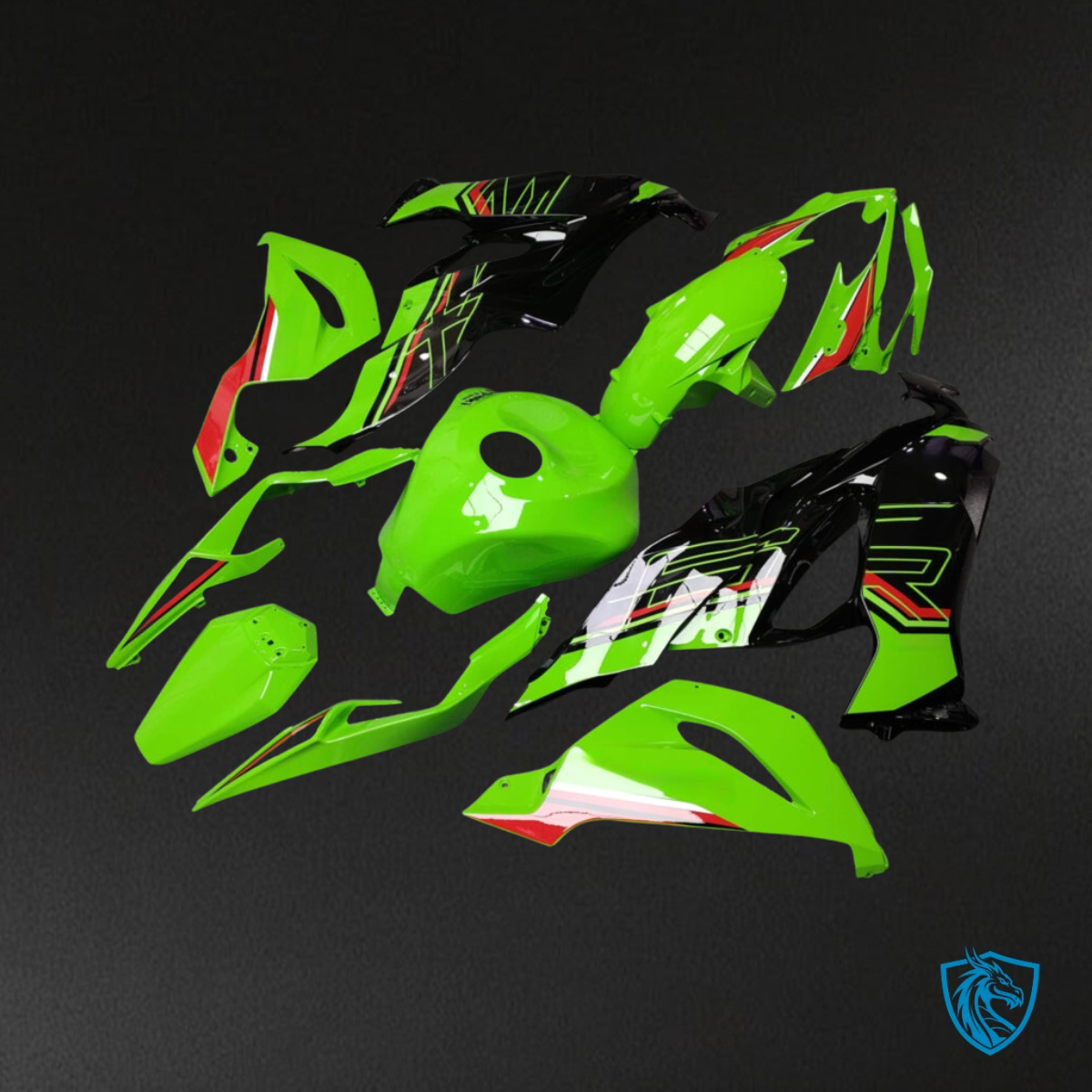 Kawasaki ZX6R (2019-2023) Gloss Green, Black & Red - MERGEment Motorcycle Fairings Kit