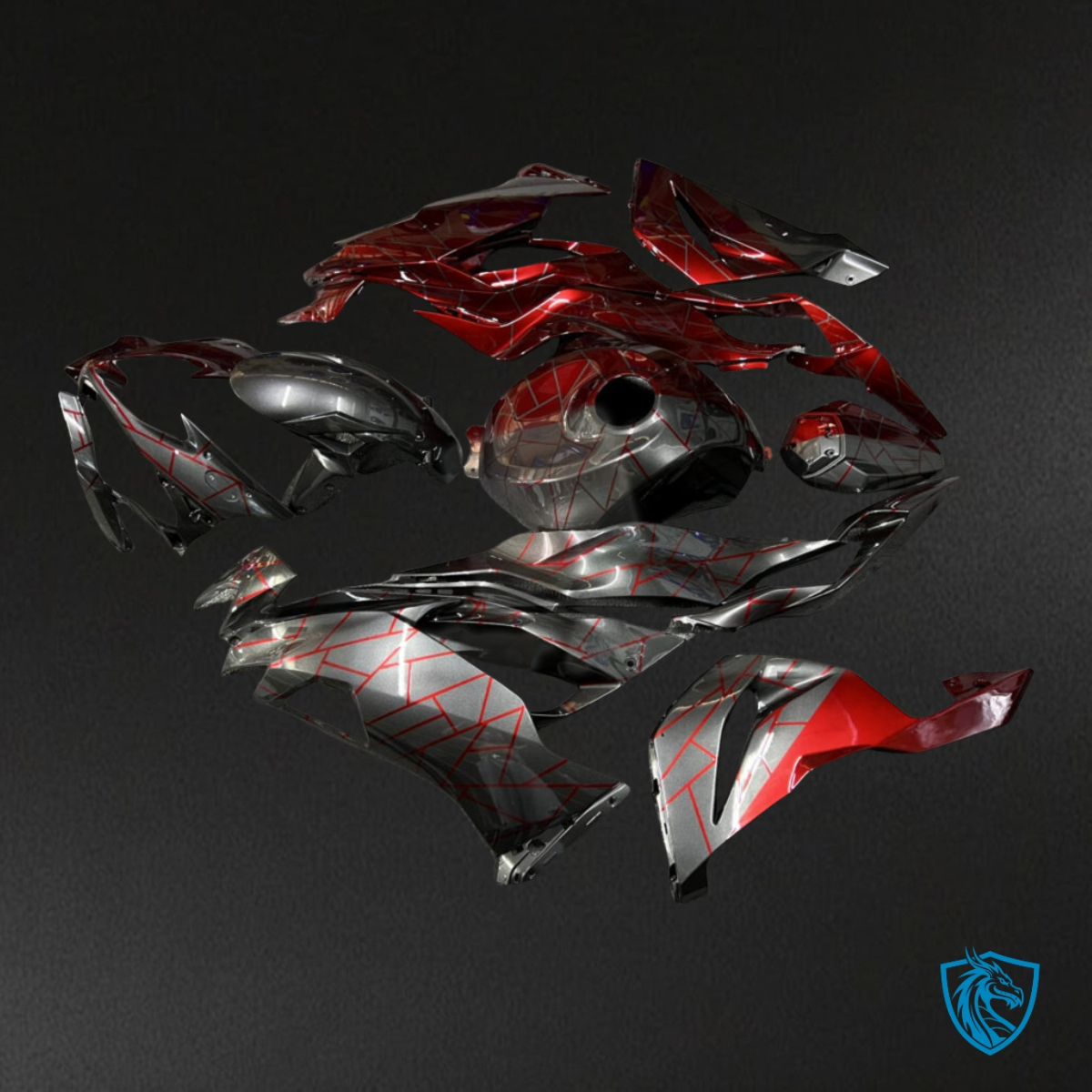 Kawasaki ZX6R (2019-2023) Gloss Metallic Gray & Crimson Red Split Fairing Kit | ABS Bodywork