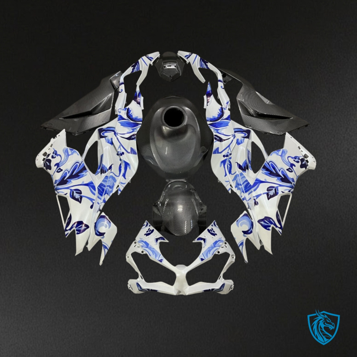 Kawasaki ZX6R (2019-2023) Gloss Pearl White & Blue Flowers - Custom ABS Fairing Kit