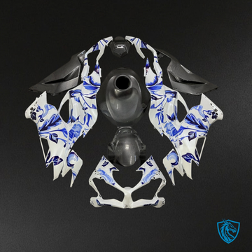 Kawasaki ZX6R (2019-2023) Gloss Pearl White & Blue Flowers - Custom ABS Fairing Kit