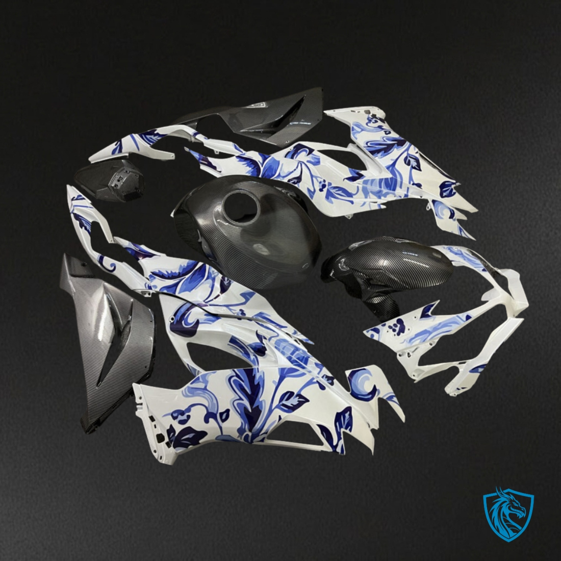 Kawasaki ZX6R (2019-2023) Gloss Pearl White & Blue Flowers - Custom ABS Fairing Kit