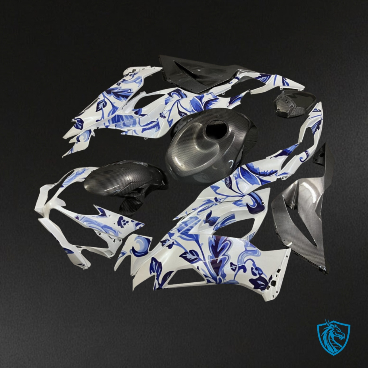 Kawasaki ZX6R (2019-2023) Gloss Pearl White & Blue Flowers - Custom ABS Fairing Kit