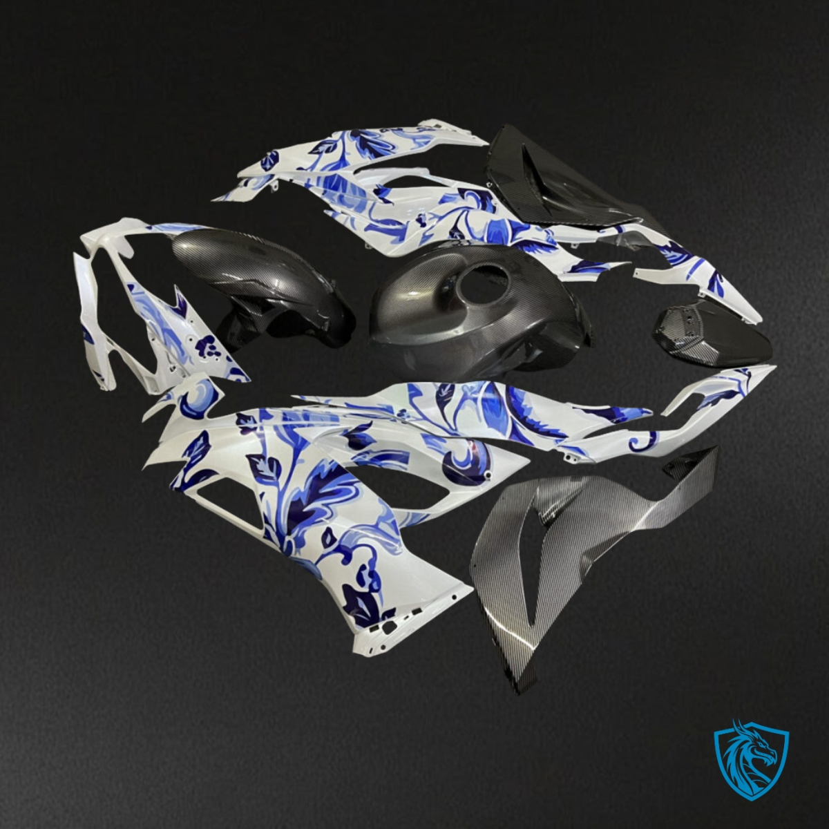 Kawasaki ZX6R (2019-2023) Gloss Pearl White & Blue Flowers - Custom ABS Fairing Kit