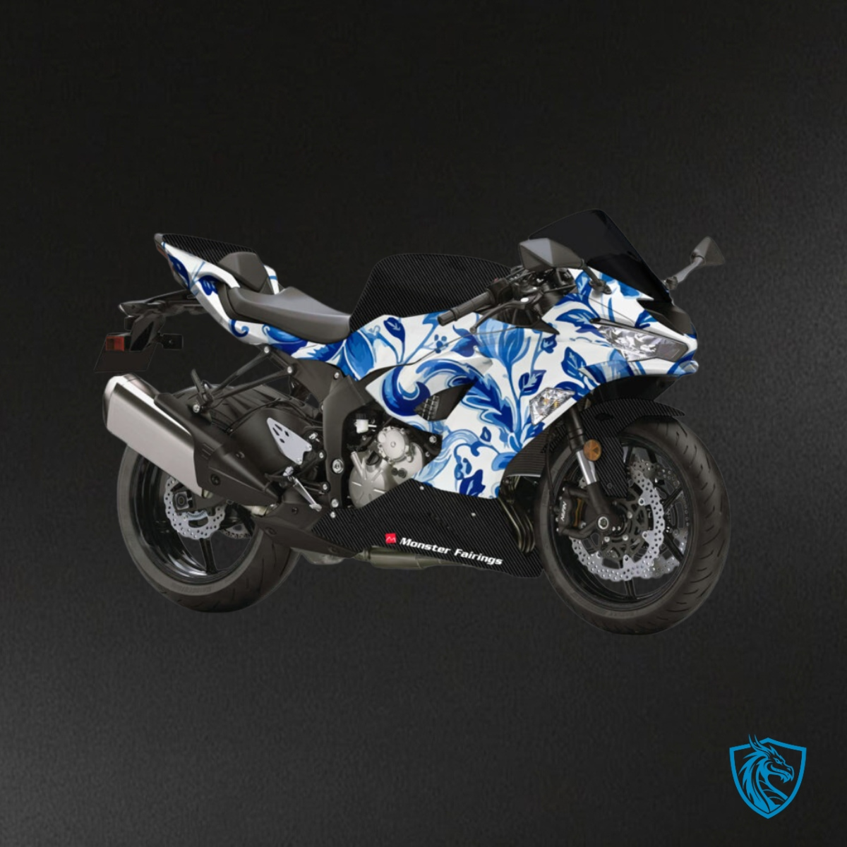 Kawasaki ZX6R (2019-2023) Gloss Pearl White & Blue Flowers - Custom ABS Fairing Kit