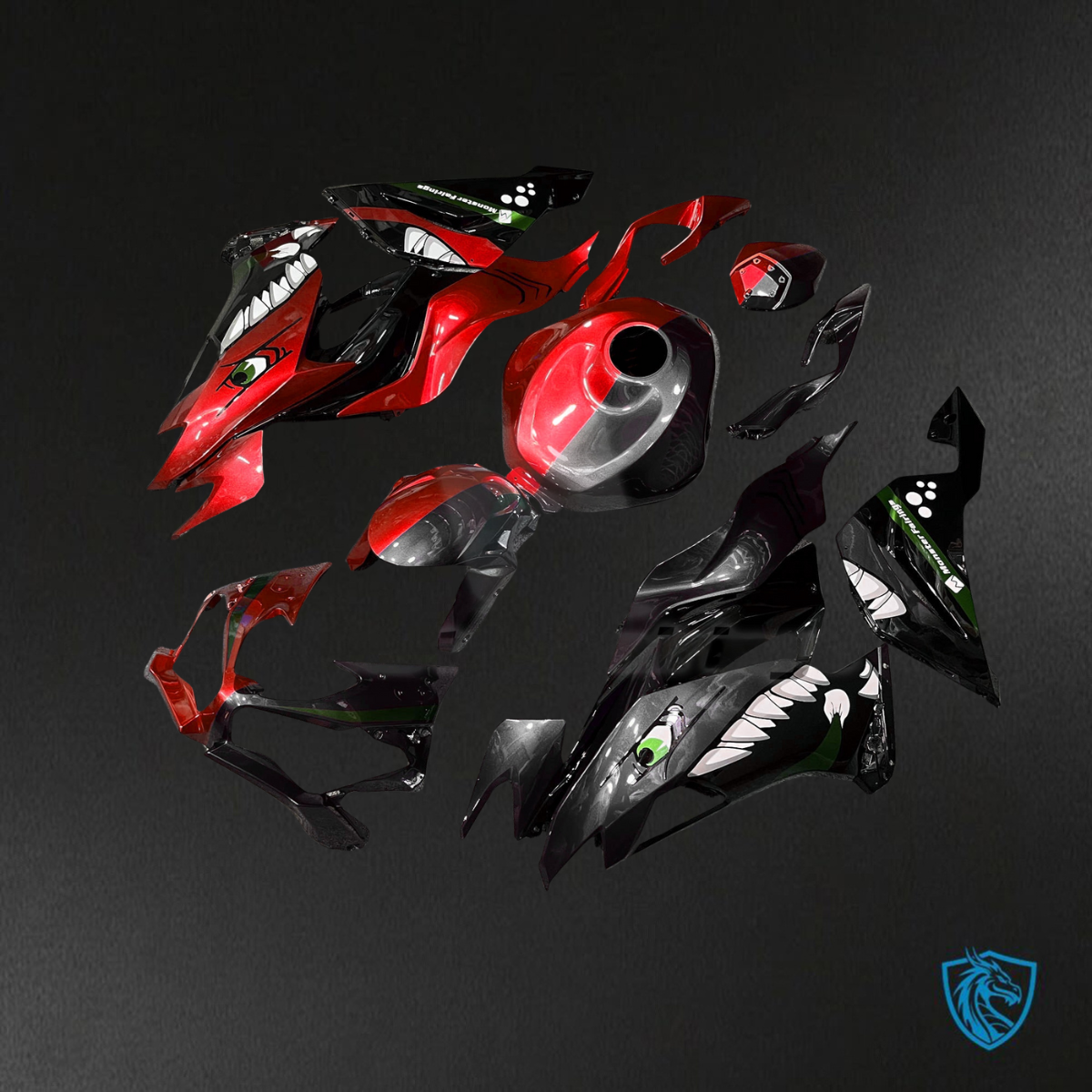 Kawasaki ZX6R (2019-2023) Gloss Red & Black Shark Split Fairings Kit - Aftermarket ABS Bodywork