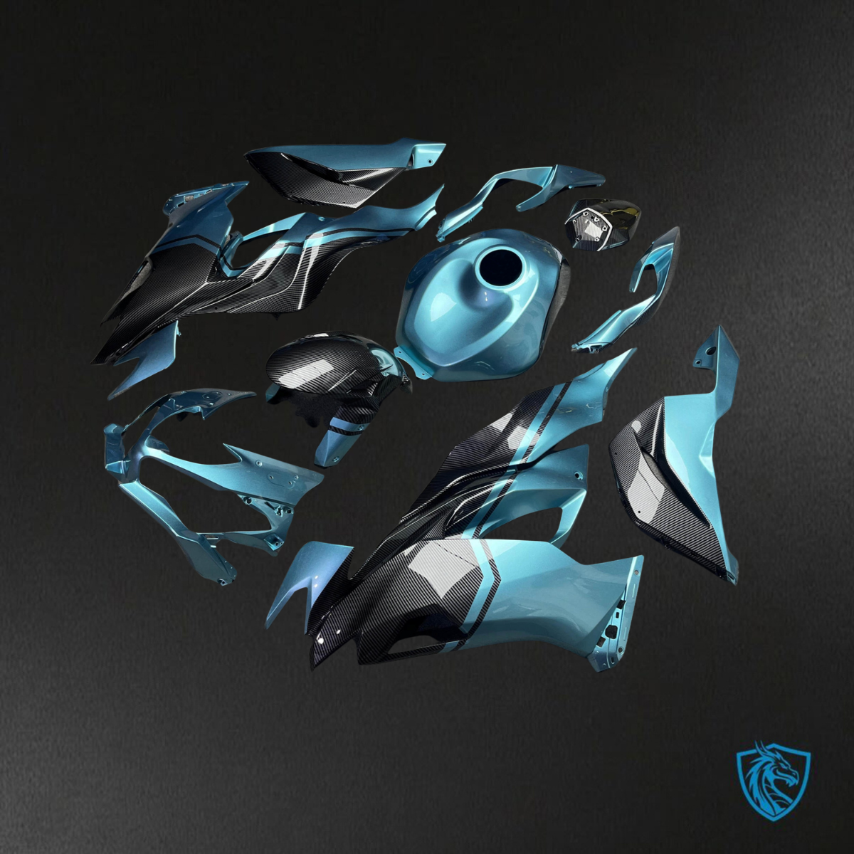 Kawasaki ZX6R (2019-2023) Gloss Teal & Black Carbon Fiber Fairings Kit - Aftermarket ABS Bodywork