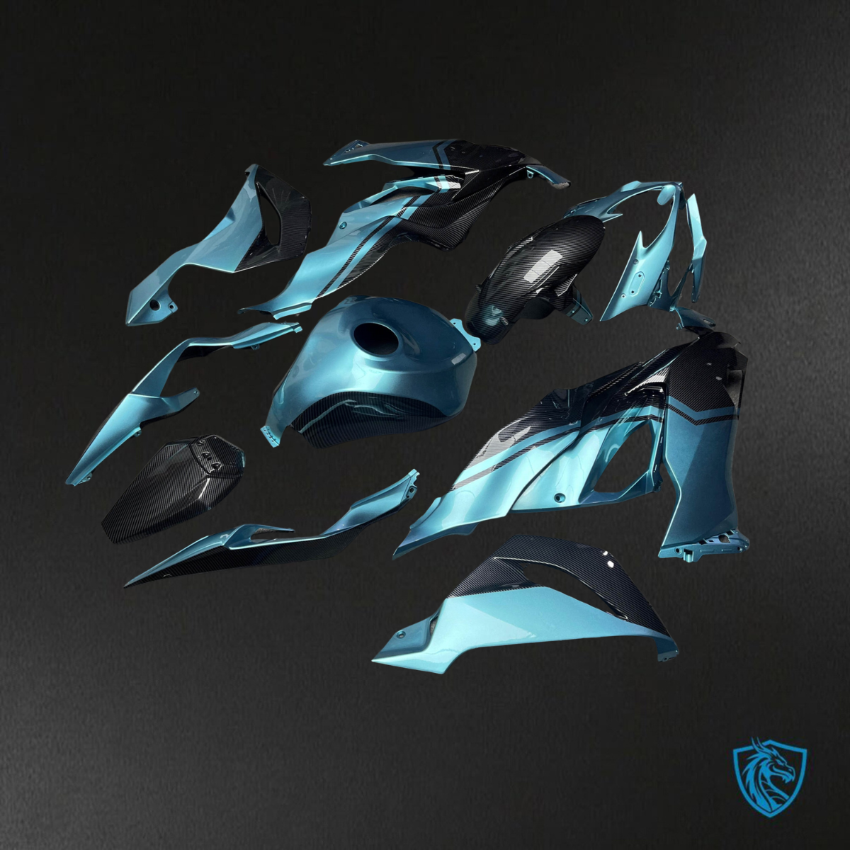 Kawasaki ZX6R (2019-2023) Gloss Teal & Black Carbon Fiber Fairings Kit - Aftermarket ABS Bodywork