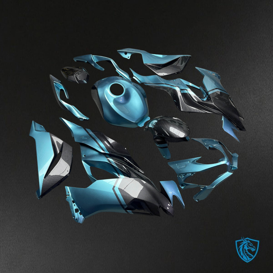 Kawasaki ZX6R (2019-2023) Gloss Teal & Black Carbon Fiber Fairings Kit - Aftermarket ABS Bodywork