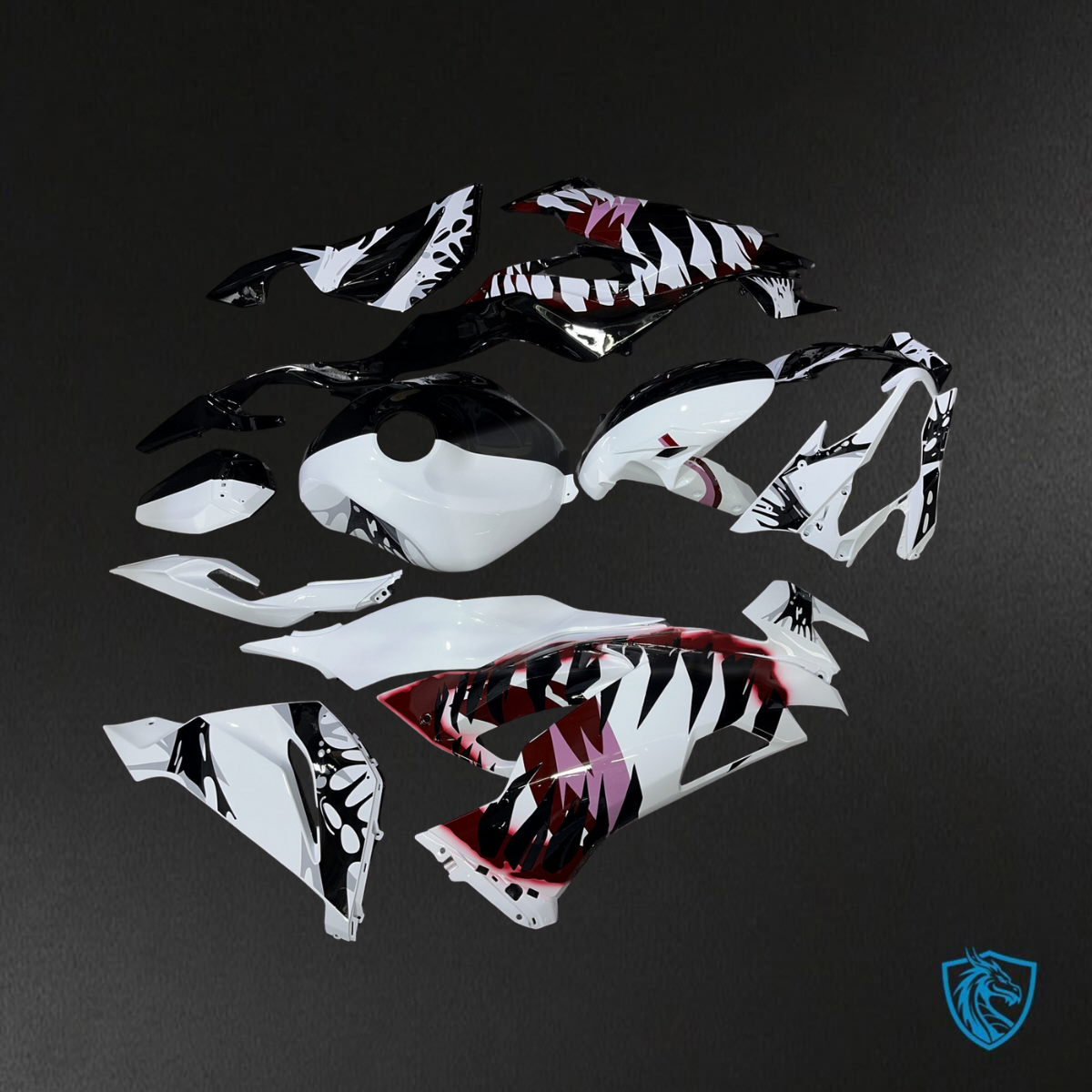 Kawasaki ZX6R (2019-2023) Gloss White & Black Split Venom - Custom ABS Fairing Kit