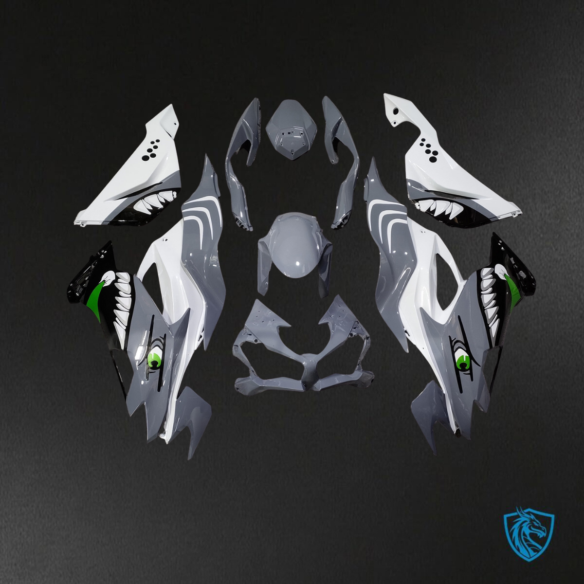 Kawasaki ZX6R (2019-2023) Gloss Gray & White Shark ABS Bodywork - Fairings Kit