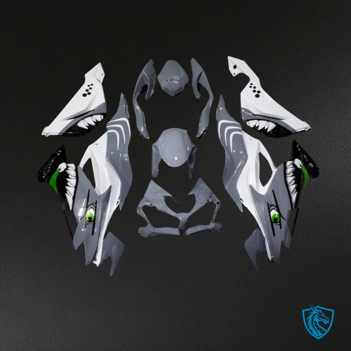 Kawasaki ZX6R (2019-2023) Gloss White & Gray Shark Fairing Kit | ABS Bodywork