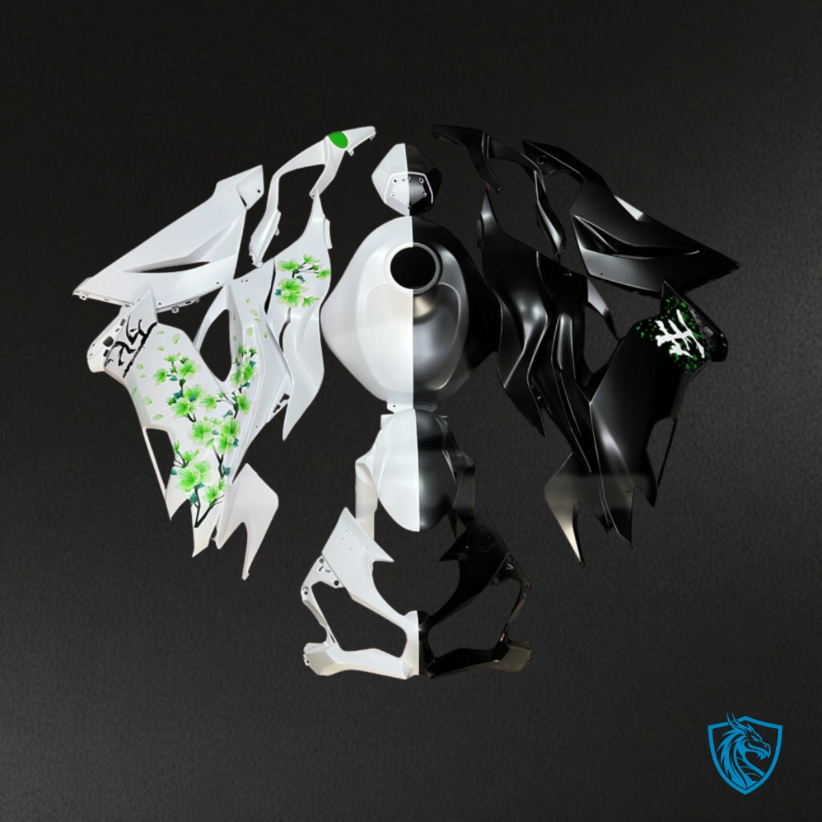 Kawasaki ZX6R (2019-2023) Matte Black, White & Green Fairings - Custom ABS Fairing Kit