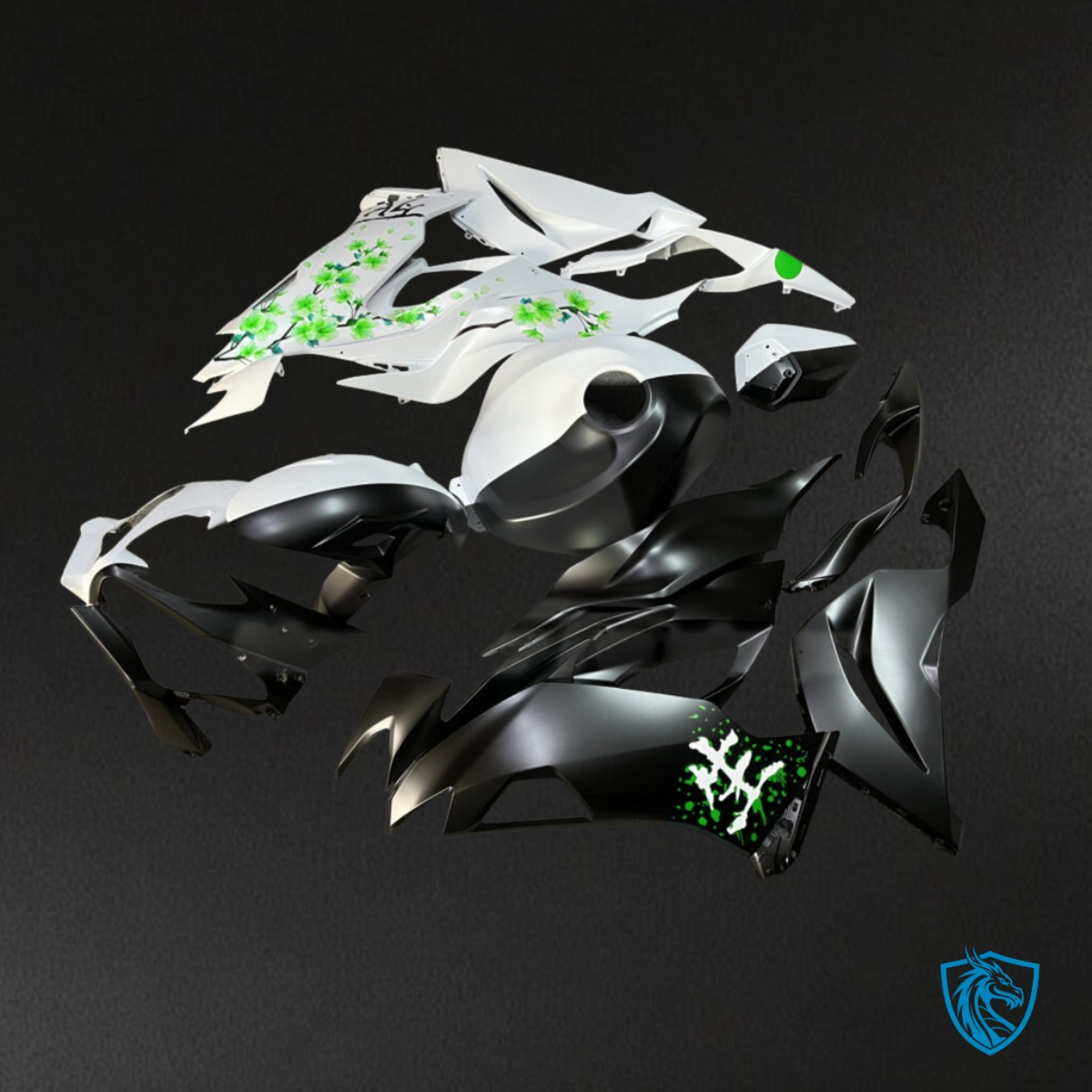 Kawasaki ZX6R (2019-2023) Matte Black, White & Green Fairings - Custom ABS Fairing Kit