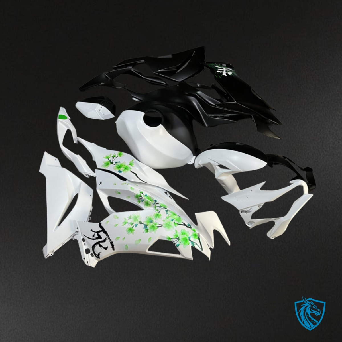 Kawasaki ZX6R (2019-2023) Matte Black, White & Green Fairings - Custom ABS Fairing Kit