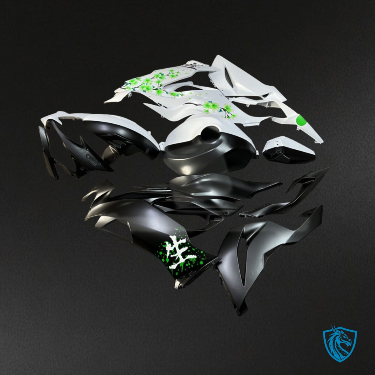 Kawasaki ZX6R (2019-2023) Matte Black, White & Green Fairings - Custom ABS Fairing Kit